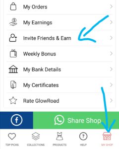 Glowroad my shop invite friends and earn