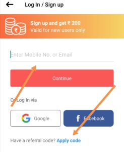 Signup with mobile number along with dineout referral code