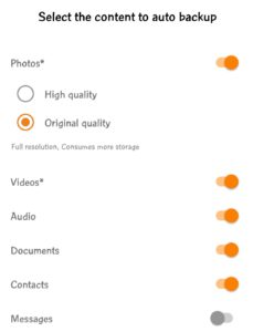 Select the content to auto backup on jio cloud