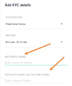 enter Occupation, income, Mothers name, fathers name (As on pan card).
