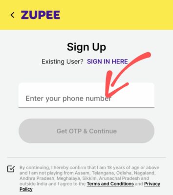 Zupee enter your mobile number