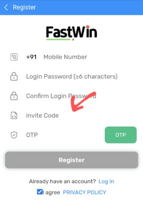 Enter Fastwin.app Invite code
