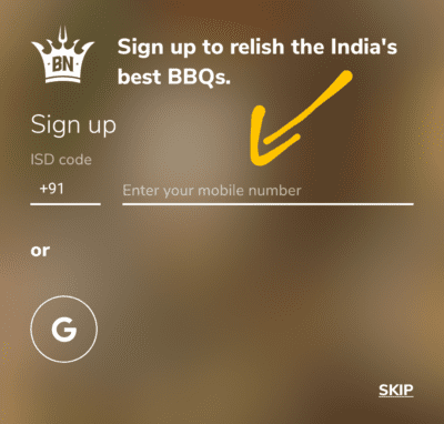Enter your Mobile number in Barbecue nation 