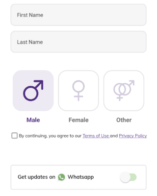 Fill your Name, Gender and Agree to terms and Conditions