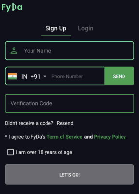 Signup for an account in fyda
