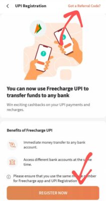 Enter Freecharge UPI Referral code 
