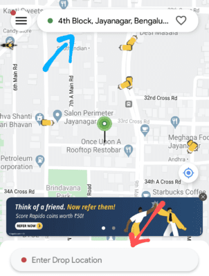 Enter pickup and Drop location in Rapido
