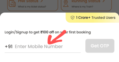 Enter your Mobile number in Train app