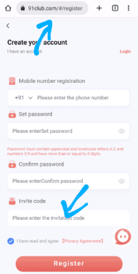 Enter 91club invite code