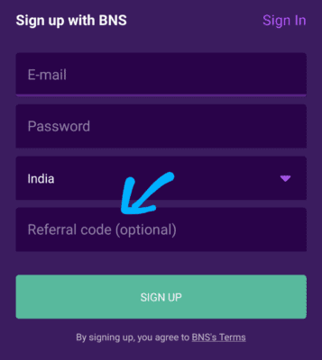 Enter bitbns Referral code 