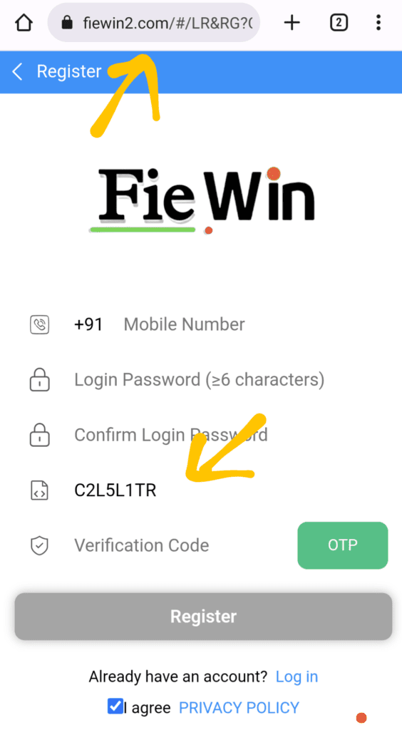 Enter fiewin2 invite code