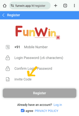 Enter Funwin Invite code