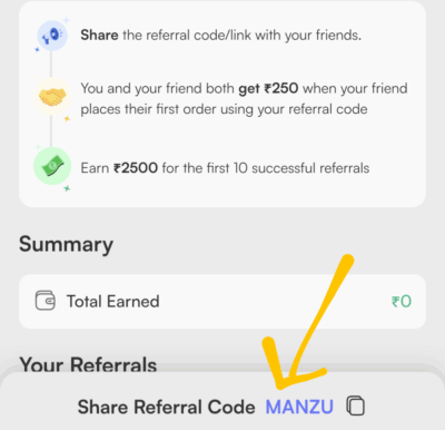Knot Referral code is "MANZU". Get ₹250 + Refer 1 Knot Referral code