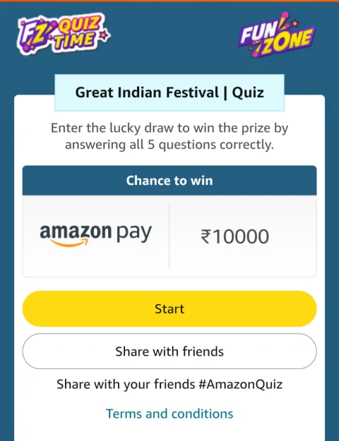 Amazon Great Indian Festival Quiz Answers: Win ₹10,000 (Valid Till 10 Nov) 1 Amazon Great Indian Festival Quiz Answers - Win Rs 10000 Amazon Pay